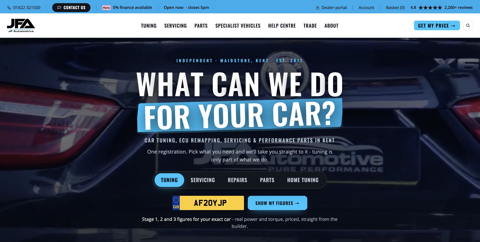 The JF Automotive homepage: 'What can we do for your car?' over a vehicle registration lookup with tabs for tuning, servicing, repairs, parts and home tuning.
