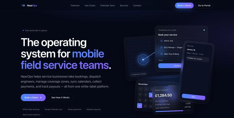 The NearOps homepage: 'The operating system for mobile field service teams', shown with a postcode booking form, an engineer job card and a daily payout summary.