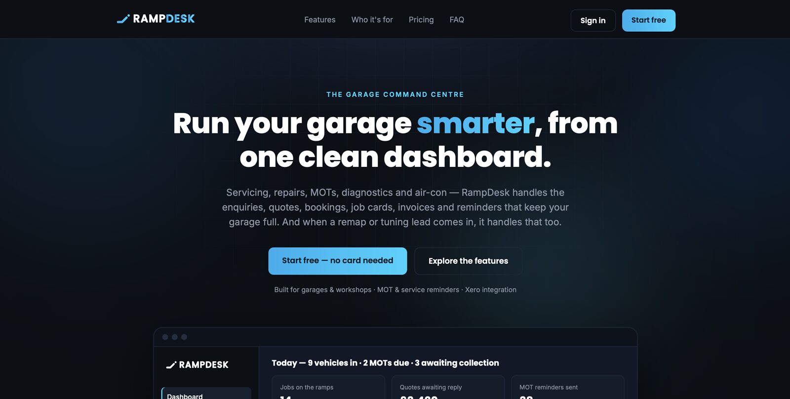 The RampDesk homepage: a dark dashboard product page headed 'Run your garage smarter, from one clean dashboard', with a preview of the jobs, quotes and MOT reminder panels.