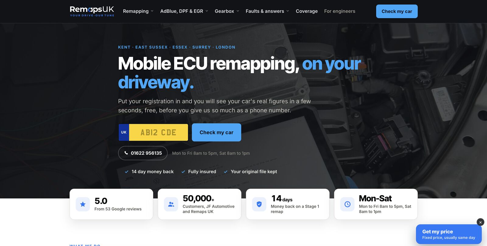 The Remaps UK homepage: 'Mobile ECU remapping, on your driveway' with a registration plate input, a phone number, and trust badges for money back, insurance and the original file.
